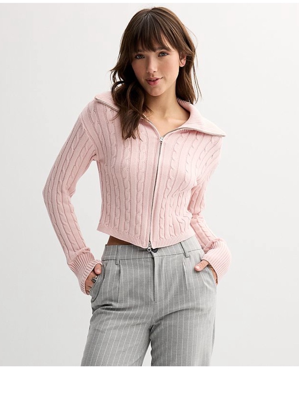 Pink Knit Zip-Front Sweater Jacket
